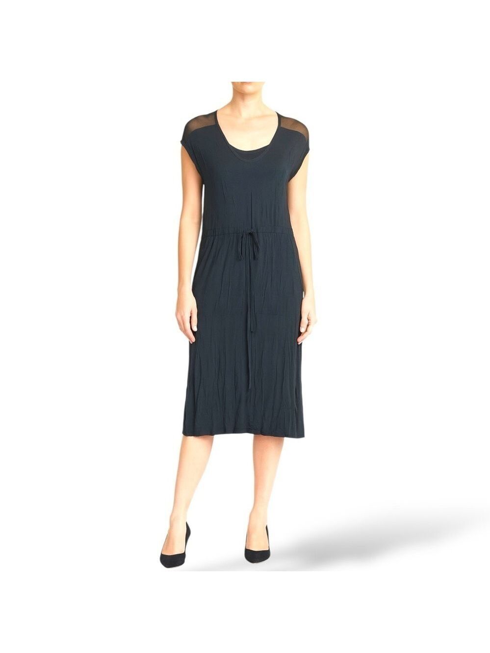 SARAH PACINI Grey Semi Sheer Knit Mesh Midi Dress Cap Sleeves Drawstring Waist M